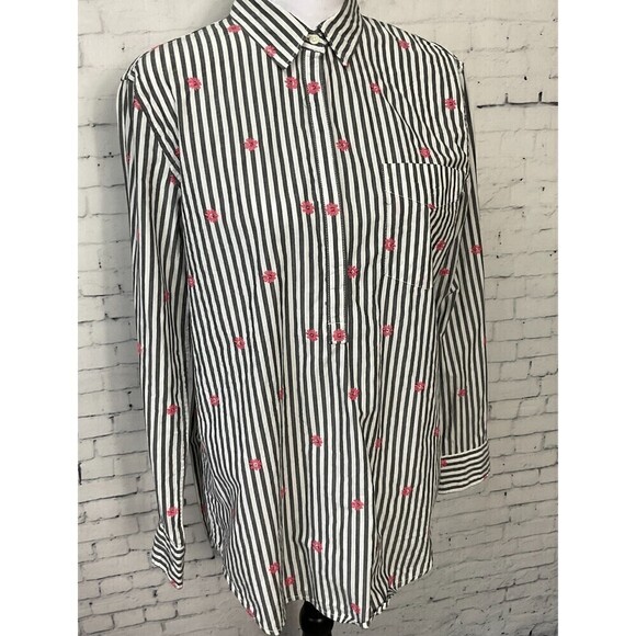 Gap Women Button Up Shirt Gray White Pink Daisy Long Sleeve Classic Fit … - Picture 4 of 12